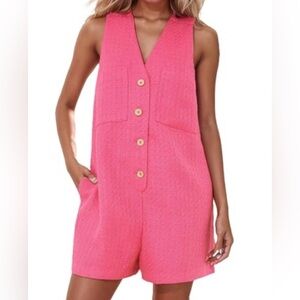 Pink Tweed Button-Down Romper Medium